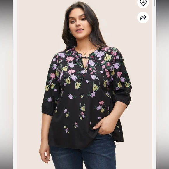 BloomChic Plus Size Boho Print Tie Neck Frill Trim Blouse - Picture 4 of 6